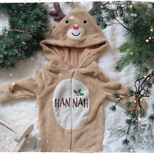 Christmas Reindeer Bodysuit Personalised with a Fury Vinyl, Perfect Baby Christmas Outfit with Name, Festive Reindeer Babygrow Apparel