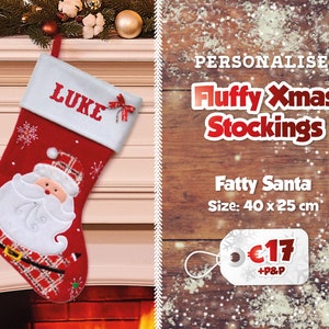 Fluffy Personalised Christmas Stockings Printed Name Stockings Traditional Christmas Decoration Santa Stocking Christmas Eve Gift Fatty Santa