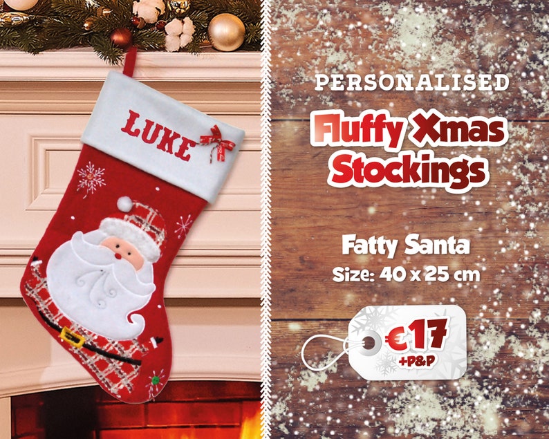 Flauschige personalisierte Weihnachtsstrümpfe Gedruckte Namensstrümpfe Traditionelle Weihnachts Dekoration Nikolausstiefel Weihnachtsgeschenk Fatty Santa