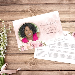 Carte de recette modifiable pour les funérailles florales rose poudré - Célébration de la vie | Carte de recette commémorative | Décoration funéraire | Papeterie funéraire #KASSIA