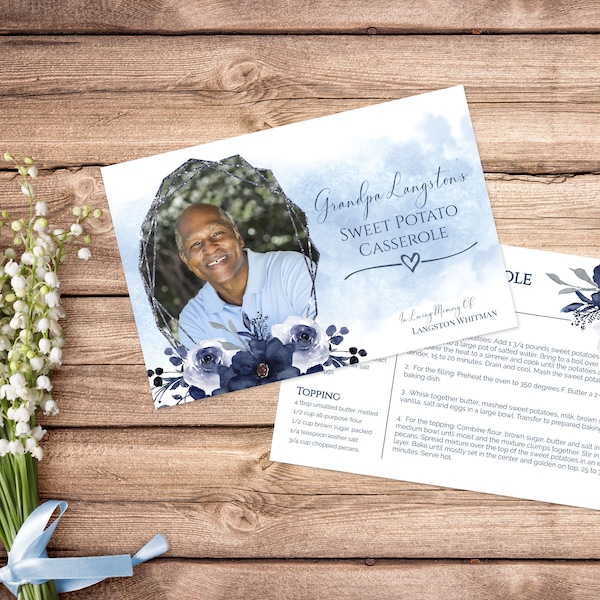 Editable Navy Blue Funeral Recipe Card - Celebration of Life Recipe Card | Memorial Recipe Card | Funeral Decor | #ISABELLA
