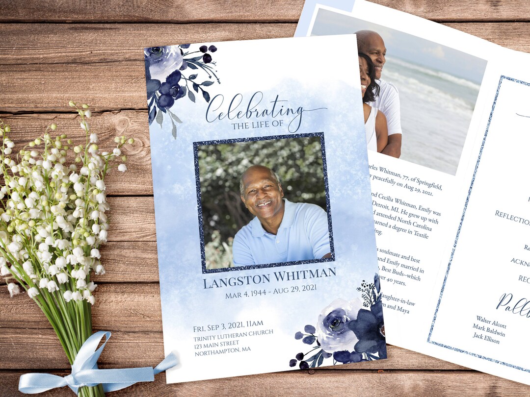 Editable Navy Blue Funeral Program Template 5.5 X 8.5 Blush Floral