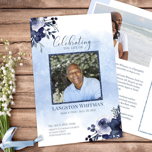 Funeral Program Simple Blue Etsy