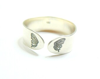 Extra Wide Butterfly Wings Open Ring Wide 10mm Wide. Stamped Ring. Sterling Silver, Brass, Copper, Aluminium.  Lots of Ring Sizes Available.