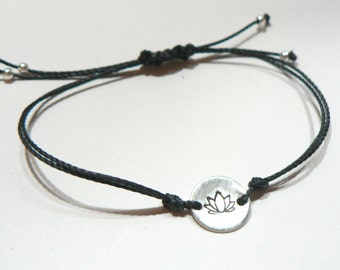 Beautiful Lotus Flower Friendship bracelet on Macrame Cord. Sterling Silver, copper, Brass or Aluminium