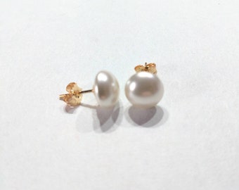 Button Pearl Stud Earrings. Stainless steel, Sterling silver, Gold Filled, Solid 9ct Gold.