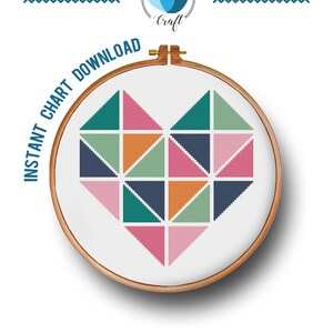 Heart cross stitch pattern, Geometric cross pattern, Colorful heart, Modern Cross Stitch pattern pdf - Instant download chart