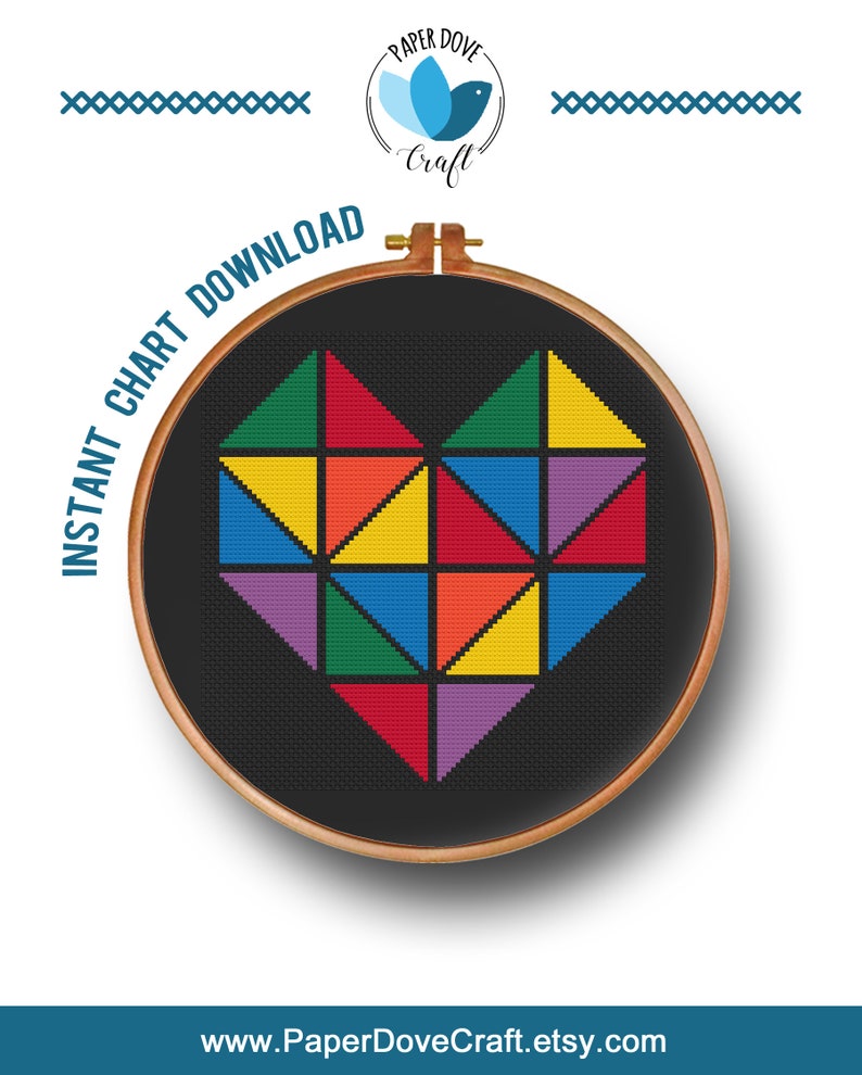 Geometric cross pattern Heart cross stitch pattern Colorful heart Modern Cross Stitch pattern pdf Instant download chart