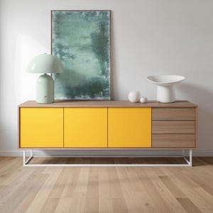 Aparador moderno, credenza de roble natural amarillo, buffet a medida, mueble de TV único con espacio de almacenamiento.