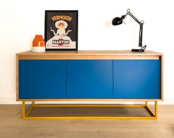 Solid oak modern sideboard, blue & orange designer cabinet, credenza, handmade furniture