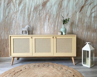 Beige Sideboard with Cane Doors, Modern Rattan Cabinet, Wooden Credenza, Scandinavian Storage Furniture