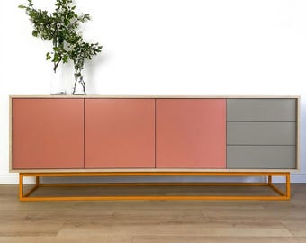 Modern Oak Sideboard Cabinet, Mid Century Credenza, Nude Gray Orange TV Stand, Contemporary Storage Console