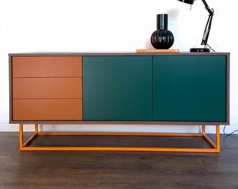 Modern Walnut Green Sideboard, Mid Century Modern Credenza, Media Cabinet