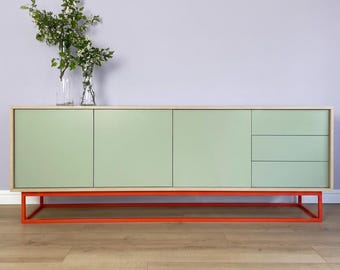 Modern Oak Sideboard Cabinet, Mint Green Doors, Contemporary Storage Console