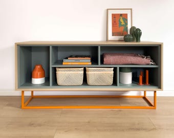 Oak Green Sideboard, Open Shelves, Modern TV Stand, Vinyl Record Cabinet, Mid Century Console