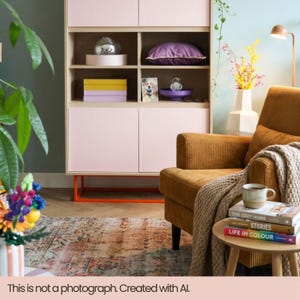 May include: A cozy living room scene with a mustard-colored corduroy armchair, a small wooden side table with books, and a pink cabinet. The cabinet has open shelves with decorative items. The text at the bottom reads: "This is not a photograph. Created with AI."