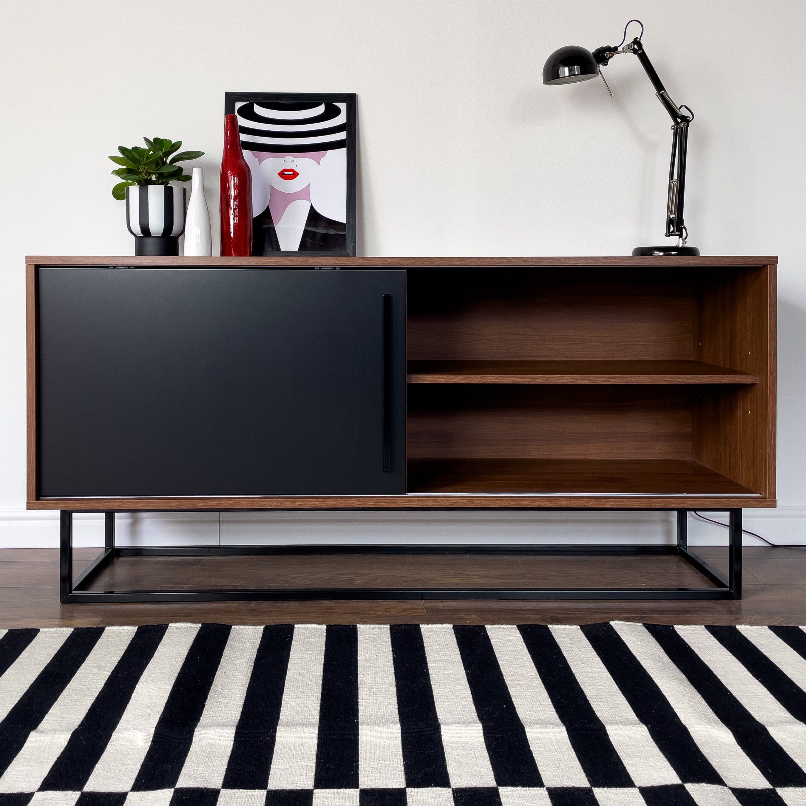 Buffet Moderne, Crédence Avec Porte Coulissante, Noyer Et Noir