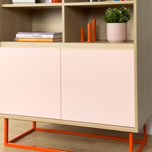 May include: A modern wooden cabinet with light pink doors and an orange metal base. The cabinet has open shelves with decorative items, including books, vases, and a potted plant. The overall design is minimalist and stylish.