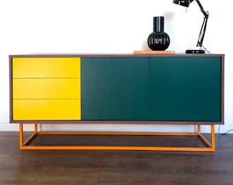 Modern Walnut Green Yellow Sideboard, Contemporary Credenza, Media Cabinet
