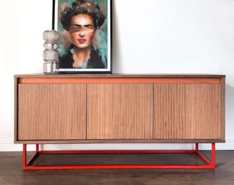 Walnut Veneer Sideboard, Striped Doors, Modern Credenza Cabinet, Handmade Buffet Console