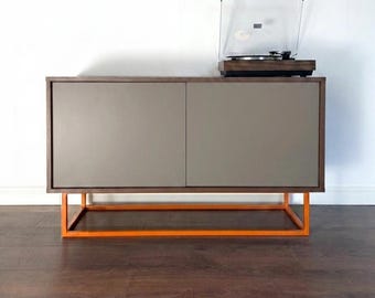 Modern Walnut Gray Sideboard, 2-Door Cabinet, Vinyl Record Storage Console