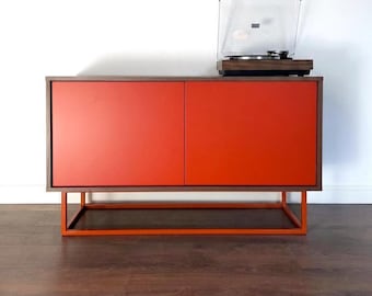 Modern Walnut Orange Sideboard, Two-Door Cabinet, Vinyl Record Console, Mid Century Furniture