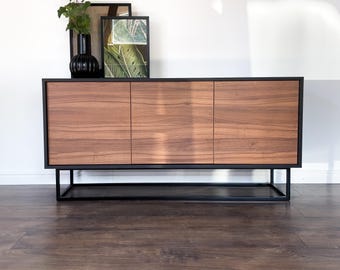 Modern Walnut and Black Sideboard, 3 Door Cabinet, Contemporary Credenza, Wooden Storage Furniture