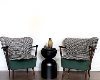 Fauteuils club vintage (paire) - velours vert et velours pied-de-poule