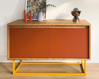 Solid Oak Modern Sideboard, Orange Designer Credenza,  Handmade TV Cabinet, Contemporary Furniture