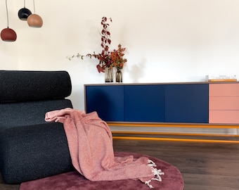 Modern Blue, Nude and Walnut Sideboard, Mid Century Modern Credenza, Media Cabinet