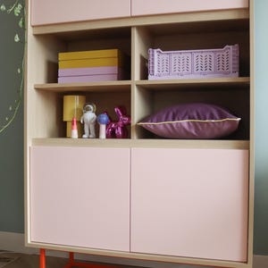 May include: A modern storage cabinet with a light pink finish and orange metal base. The cabinet features open shelves with decorative items like boxes, a crate, and figurines. A purple pillow with yellow trim rests on a shelf.