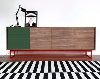 Modern Walnut Sideboard, 3 Doors 3 Drawers Credenza, Green & Red Storage Cabinet