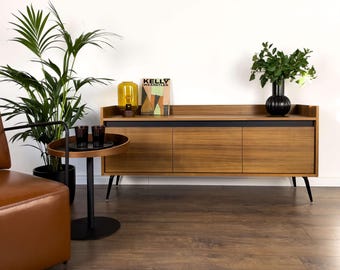 Mid Century Modern Danish Style Sideboard – Walnut Veneer Credenza with Black Base