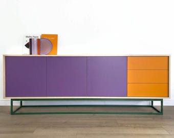 Mid Century Modern Sideboard in Purple, Orange, Green, Natural Oak,  Credenza , TV Stand Cabinet