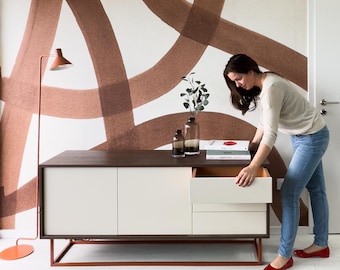 Modern Dark Oak and Beige Sideboard, Contemporary Wooden Credenza, Storage Cabinet Furniture