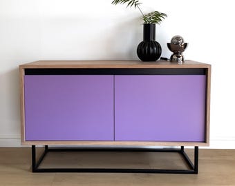 Solid Whitened Oak Modern Sideboard, Lilac/Purple & Black Designer Cabinet, Credenza, Handmade Furniture