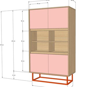 May include: A modern cabinet design with dimensions labeled in centimeters. The cabinet features two pink doors on top and two on the bottom, with open shelving in the middle. The cabinet is 68.9 inches tall, 40.9 inches wide, and 17.7 inches deep.