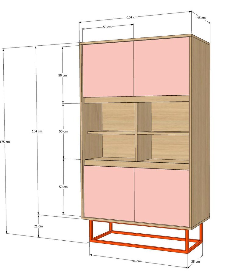 May include: A modern cabinet design with dimensions labeled in centimeters. The cabinet features two pink doors on top and two on the bottom, with open shelving in the middle. The cabinet is 68.9 inches tall, 40.9 inches wide, and 17.7 inches deep.