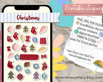 Christmas PRINTABLE STICKERS, sticker aesthetic, digital planner, goodnote stickers, stickers sheet, digital clipart, GoodNotes clipart