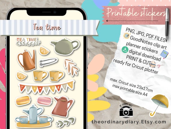 tea time clipart printable sticker stickers aesthetic etsy