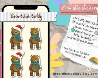 Christmas teddy STICKERS, printable stickers, goodnote stickers, sticker sheet, digital clipart, GoodNotes clipart, digital stickers