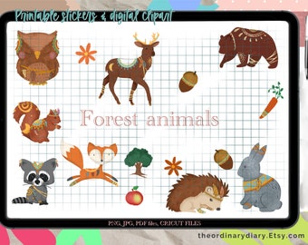 Forest animals PRINTABLE STICKERS, sticker aesthetic, digital planner, goodnote stickers, stickers sheet, digital clipart, GoodNotes clipart