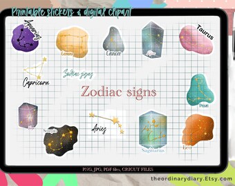 Zodiac signs PRINTABLE stickers, zodiac printables, planners stickers, journal stickers, sticker sheet, zodiac signs