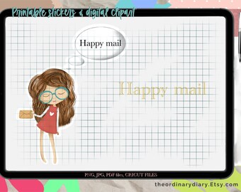 Happy mail red dress girl STICKERS, printable stickers, goodnote stickers, sticker sheet, small business owner, business booster