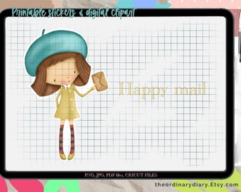 Happy mail girl STICKERS, printable stickers, goodnote stickers, sticker sheet, digital clipart, GoodNotes clipart, digital stickers