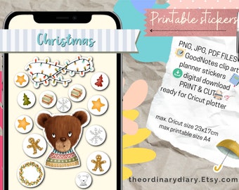 Christmas bear PRINTABLE stickers, printable bundle, planners stickers, journal stickers, sticker sheet, christmas time, xmas