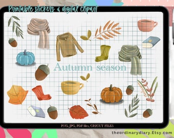 Autumn season clipart PRINTABLE STICKER, stickers aesthetic, digital for planner, goodnotes stickers, journal, stickers sheet, fall season