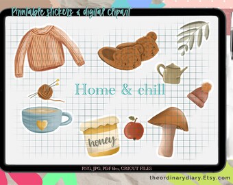 Home and chill clipart PRINTABLE STICKER, stickers aesthetic, stickers for laptop, digital planner, goodnotes stickers, stickers sheet