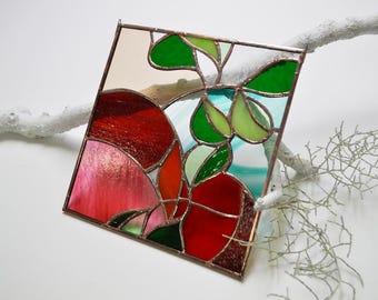 Nature inspired stained glass suncatcher or window hanging with bright red cranberries