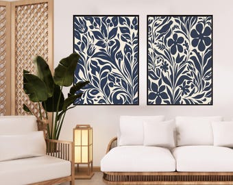 Boho Botanical Wall Art, Blue and White Print, Navy Home Decor, Modern Mid-Century, Housewarming Gift Set of 2, Blue Floral Digital Download